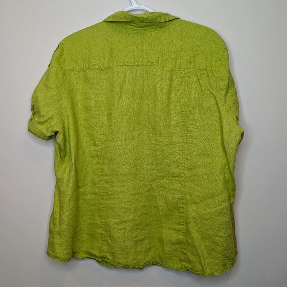 Vintage Tracy M. 100% Linen Lime Green Short Sleeve Collared Button Down Top 2XL - Picture 2 of 8